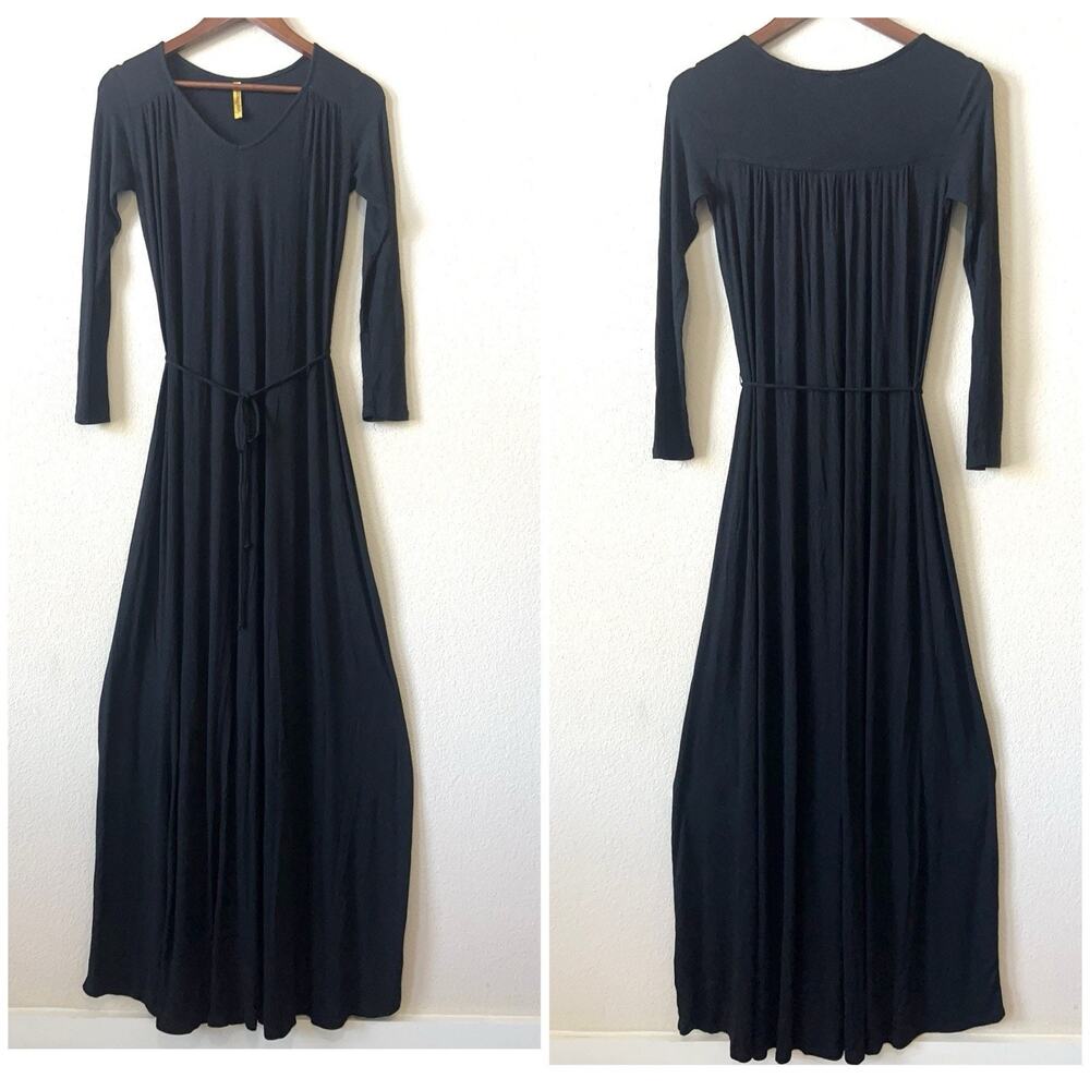 Rachel Pally Black Maxi Dress Tie Waist Stretch Minimalist Effortless